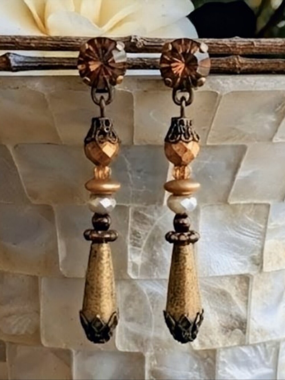 Victorian Rustic Ivory & Gold Swarovski Crystal In Drop Brass Earrings